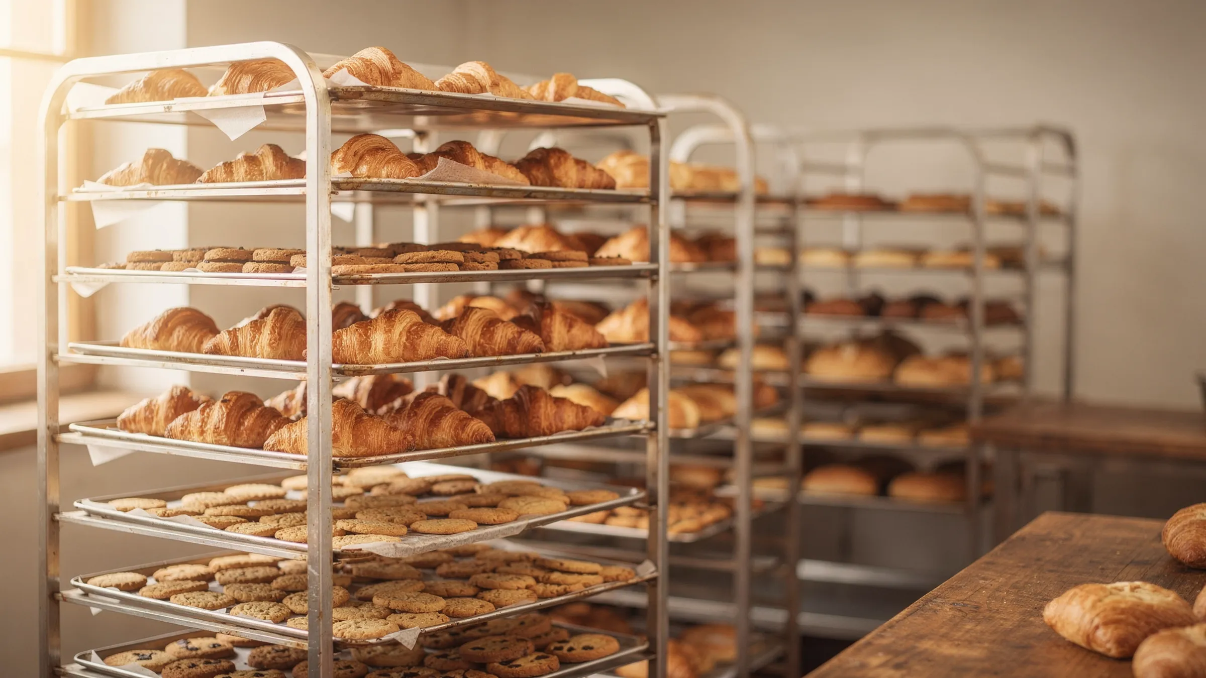 Tall speed racks filled with sheet trays of fresh croissants and cookies in a production bakery
