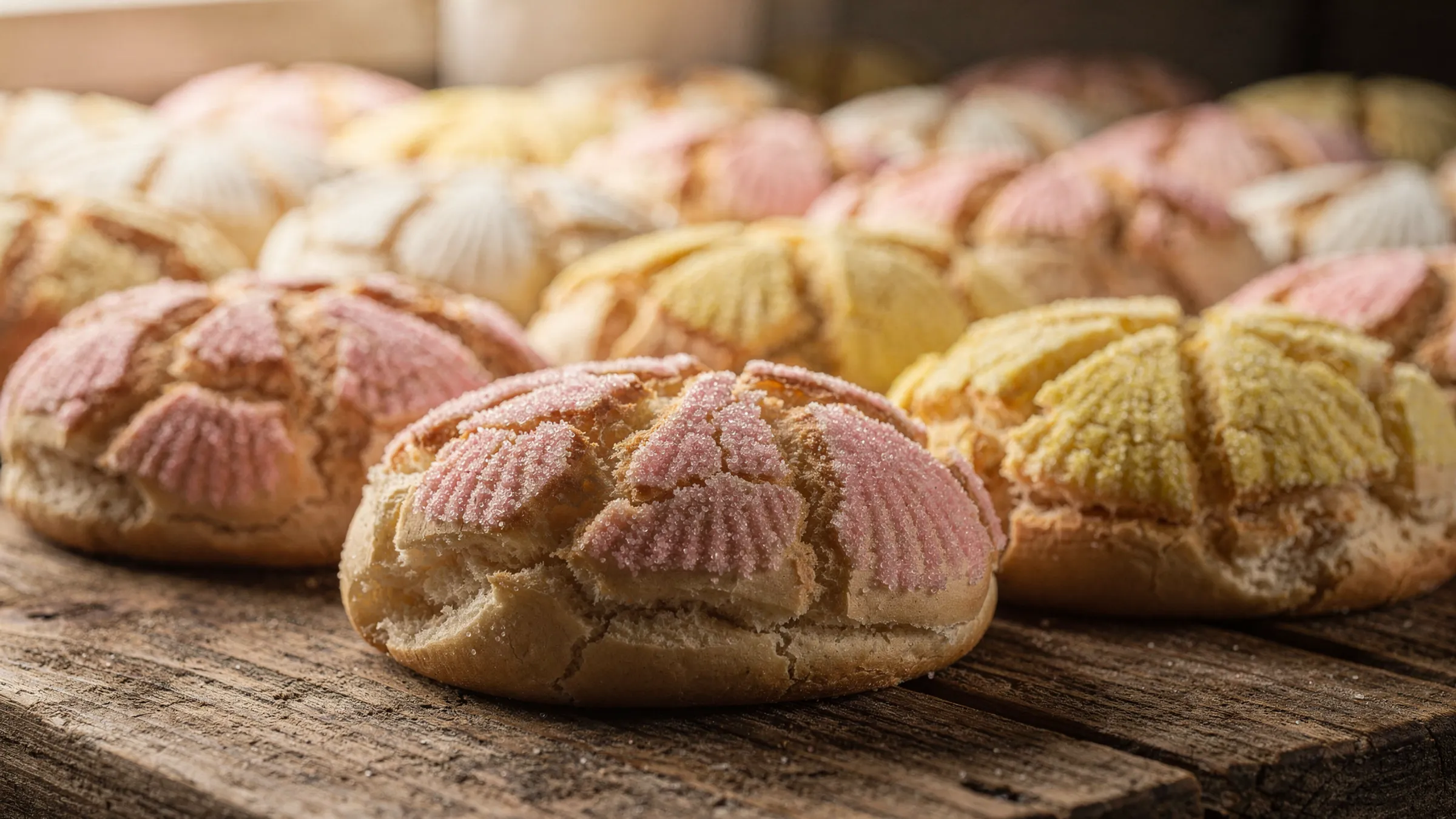 Rows of pink, yellow, and white conchas with seashell sugar tops on a wooden table