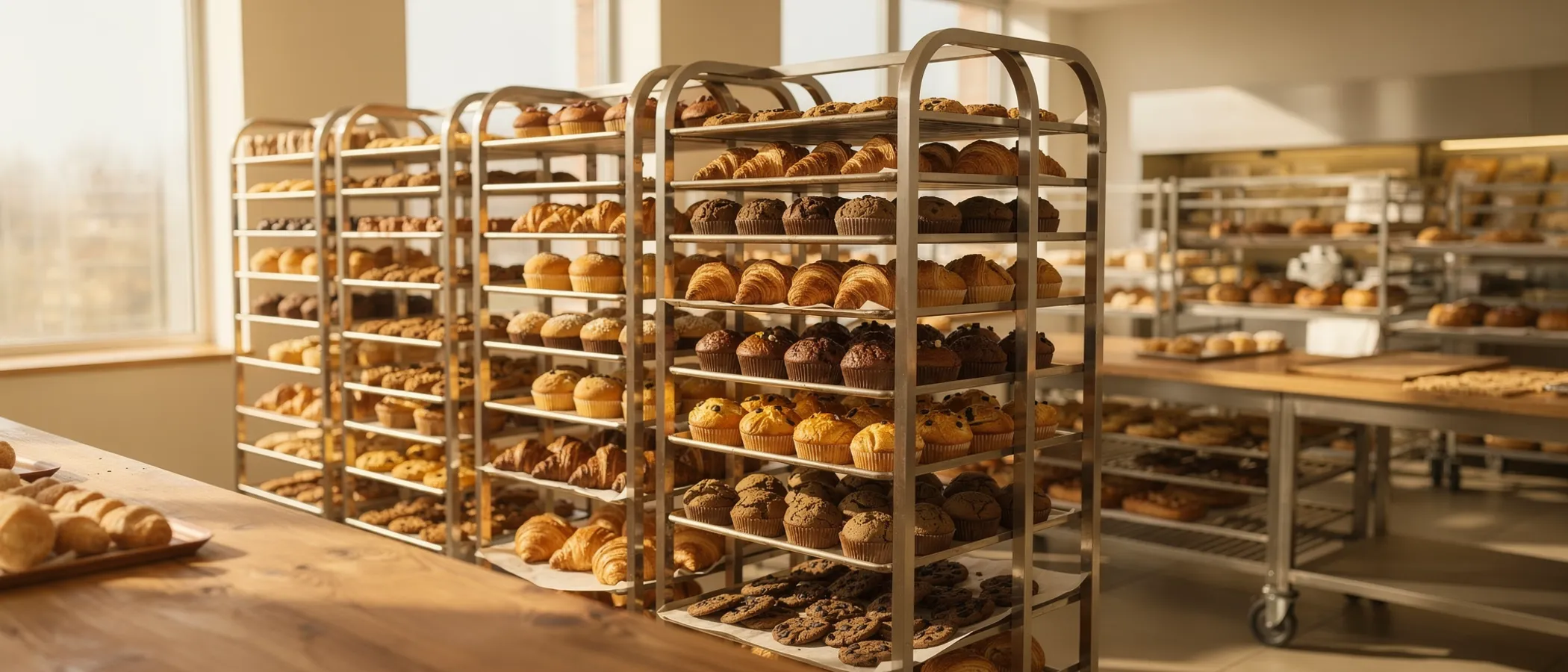 Rows of speed racks holding trays of croissants, muffins, and cookies inside the Daisy's Bakery facility